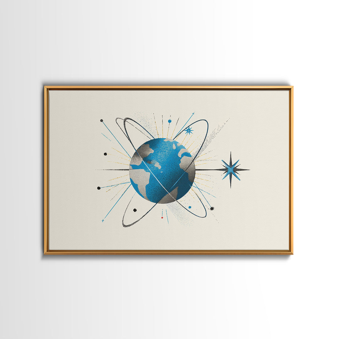 Atomic Blue Globe And Orbit Stars Wall Art, Midcentury Modern Space Poster, Retro Science Print, Cosmic Office Decor For MCM Home