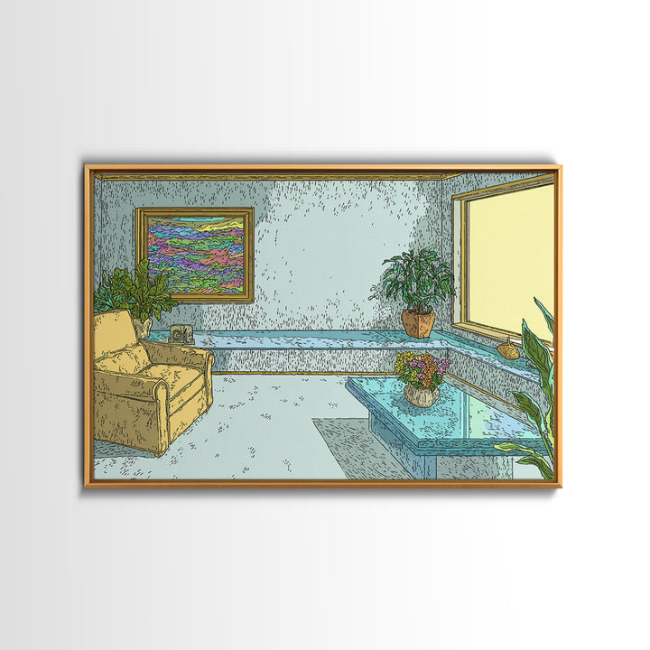 Pastel Aqua Living Room With Yellow Chair Canvas Print, Midcentury Modern Wall Decor, Retro Interior Poster For Home Office