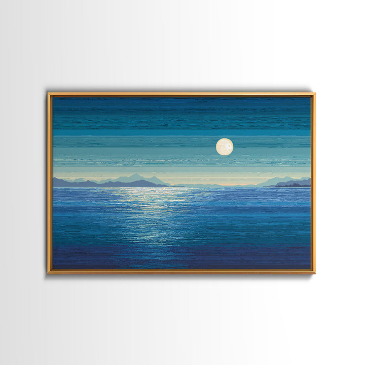 Blue Moon Over Ocean And Distant Mountains Wall Art, Coastal Landscape Print, Modern Home Decor, Serene Bedroom Poster Gift