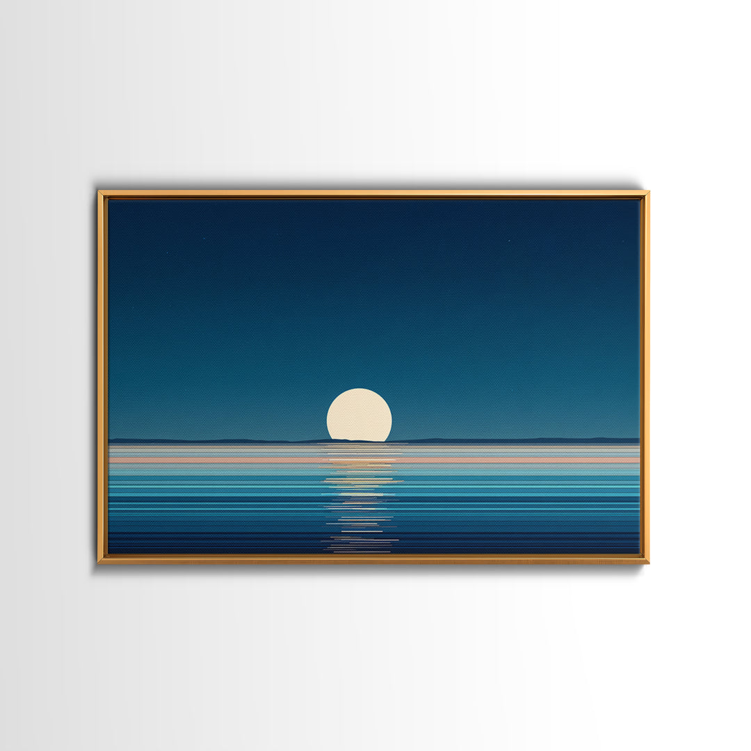 Minimal Full Moon Rising Over Calm Blue Sea Canvas Print, Modern Coastal Wall Art, Serene Ocean Poster For Bedroom Decor