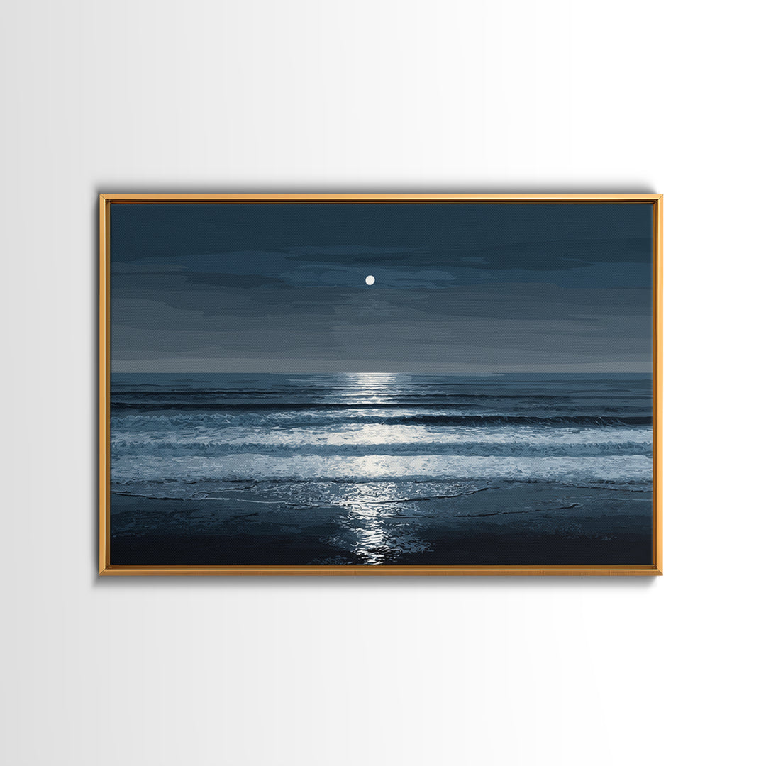 Moonlit Waves And Silver Reflection Framed Canvas Print, Blue Ocean Wall Art, Modern Coastal Bedroom Decor, Seascape Poster