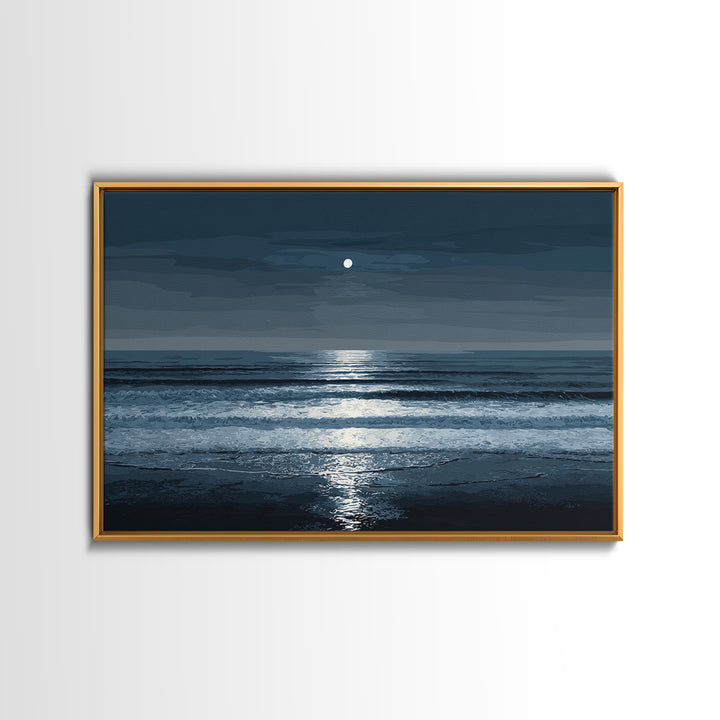 Moonlit Waves And Silver Reflection Framed Canvas Print, Blue Ocean Wall Art, Modern Coastal Bedroom Decor, Seascape Poster