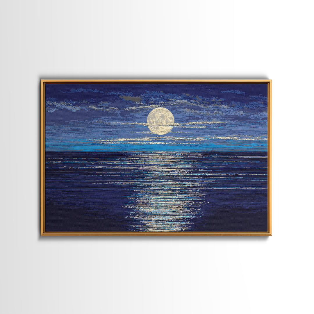Full Moon Over Deep Blue Water With Glow Wall Art, Modern Coastal Seascape Print, Textured Ocean Decor For Bedroom And Living Room