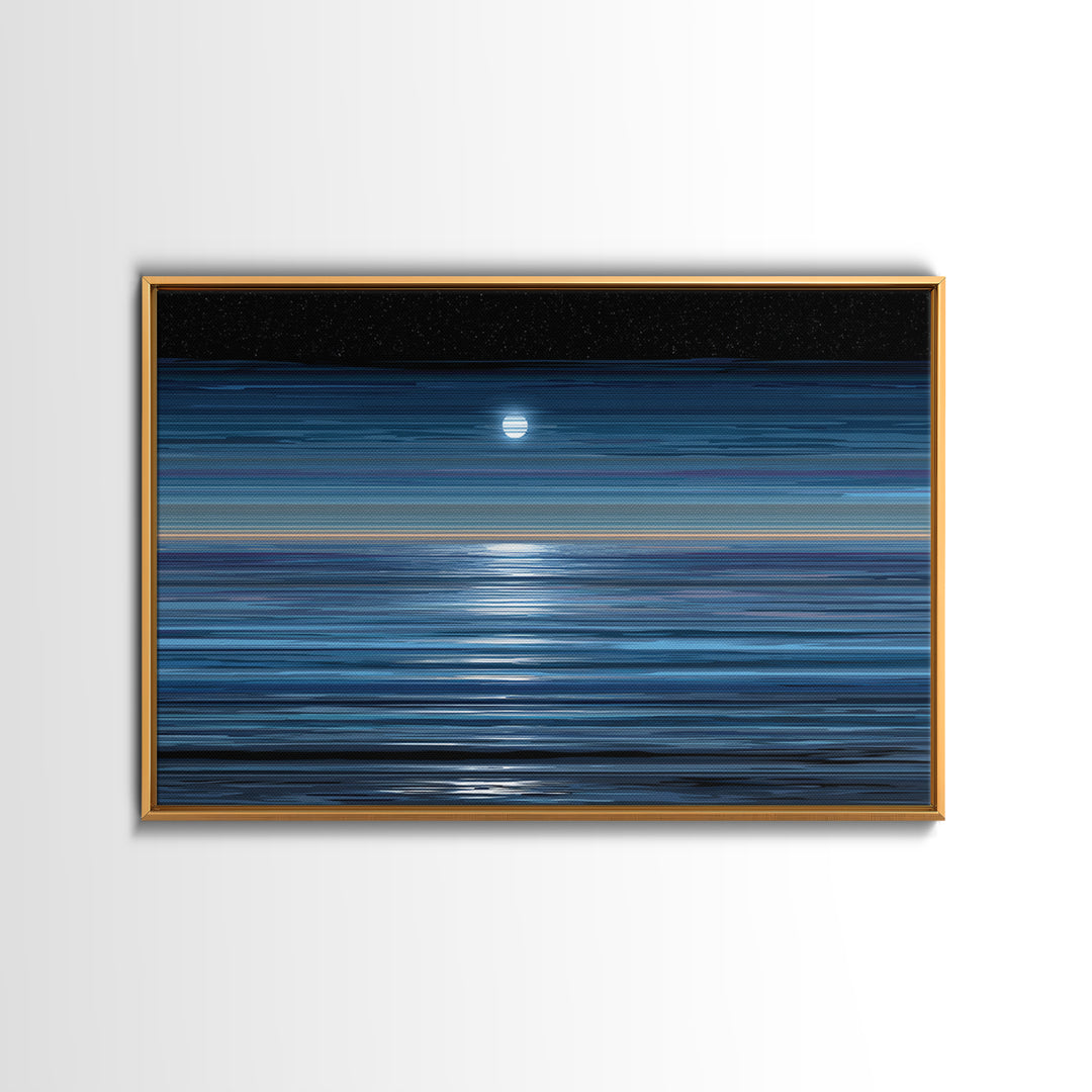 Starry Night Moon Above Blue Horizon Canvas Print, Modern Coastal Wall Art, Minimal Ocean Poster For Bedroom And Living Room Decor