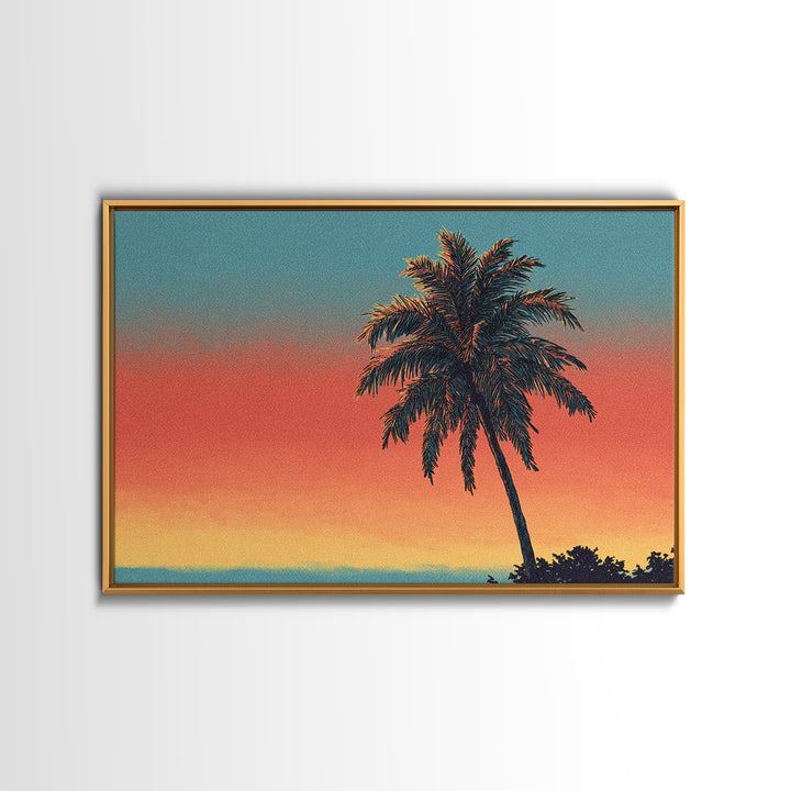 Textured Palm Sunset Wall Art, Retro Tropical Canvas Print, Midcentury Modern Decor, California Poster, Coastal Home Decor