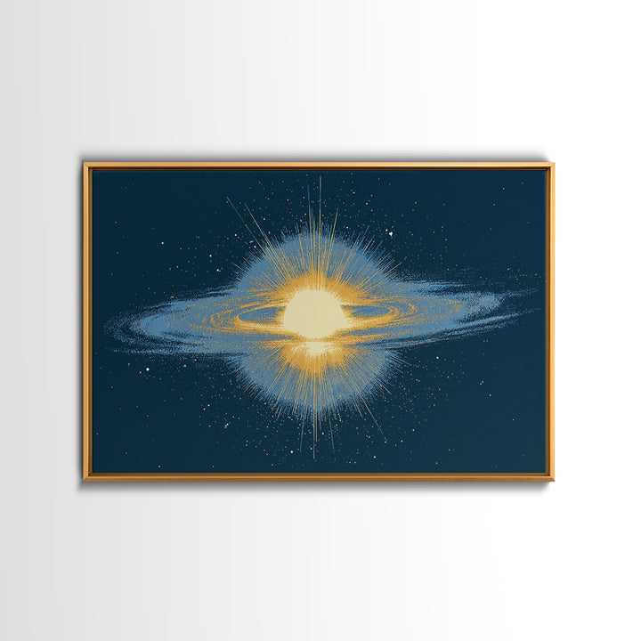 Glowing Galaxy Ring Wall Art, Cosmic Abstract Canvas Print, Space Poster, Modern Digital Art, Blue Gold Star Decor, Sci Fi Wall Art