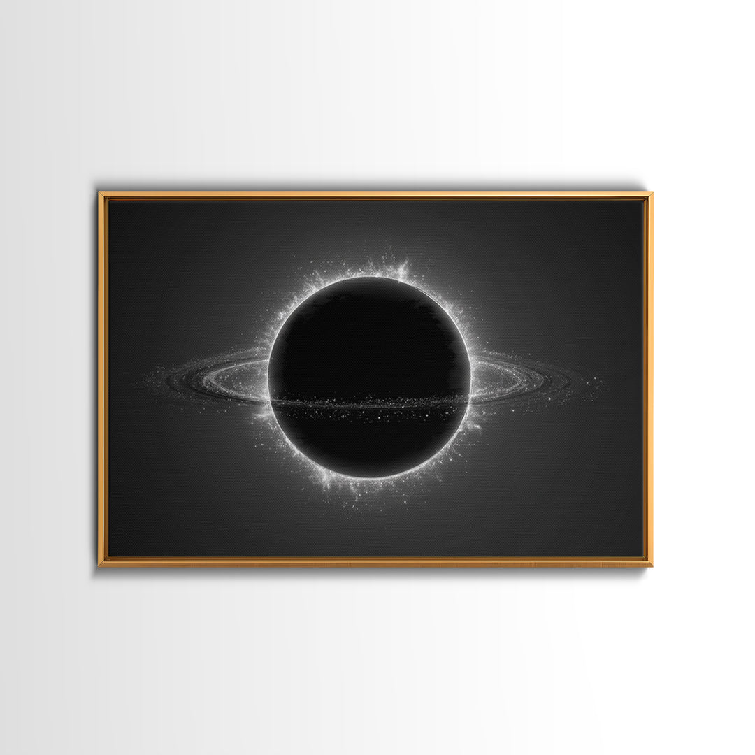 Black Eclipse Ringed Planet Wall Art, Monochrome Space Canvas Print, Modern Abstract Art, Sci Fi Home Office Decor, Poster