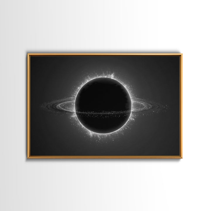 Black Eclipse Ringed Planet Wall Art, Monochrome Space Canvas Print, Modern Abstract Art, Sci Fi Home Office Decor, Poster