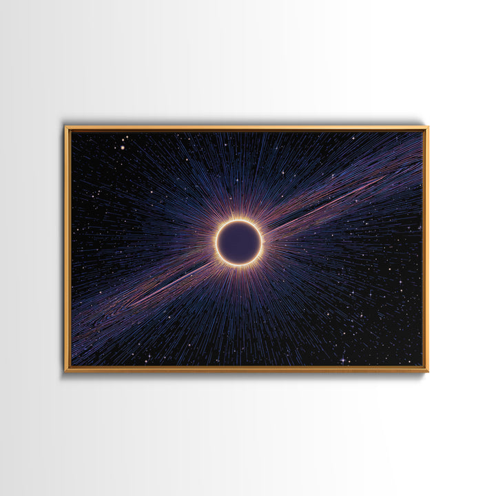 Radiant Solar Eclipse Wall Art, Cosmic Starburst Canvas Print, Space Abstract Poster, Modern Sci Fi Galaxy Decor, Blue Wall Art