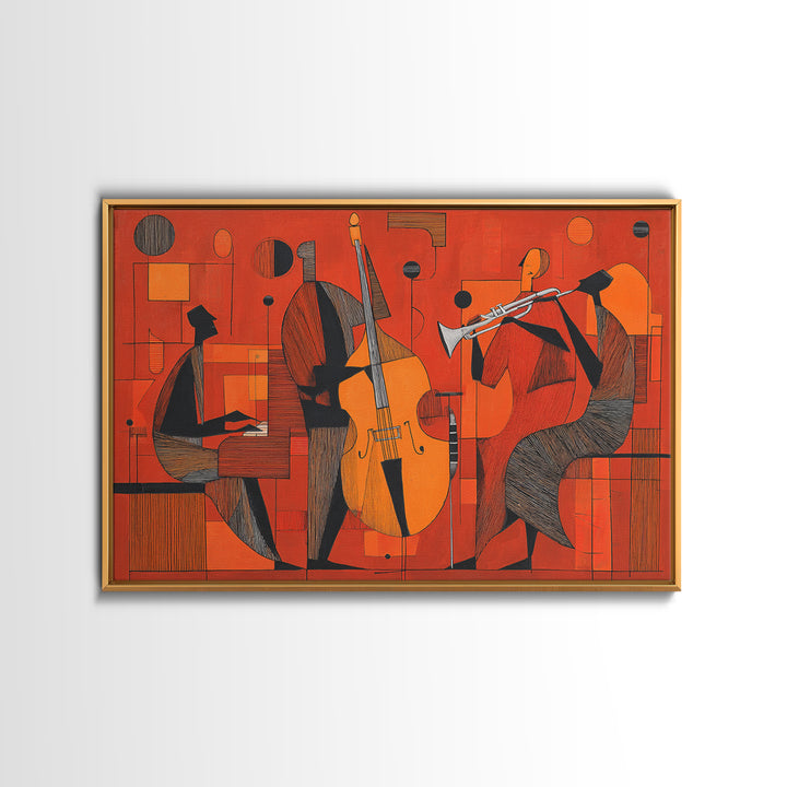 Orange Cubist Jazz Trio With Piano Bass And Trumpet Wall Art, Midcentury Modern Art Print, Atomic Music Room Retro Decor
