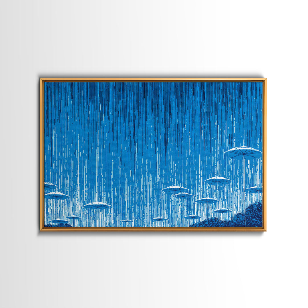 Blue Monsoon Umbrella Rain Wall Art, White Parasol Storm Scene, Modern Abstract Art Print, Coastal Bedroom Wall Decor Poster