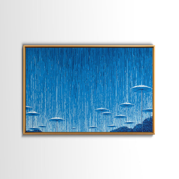 Blue Monsoon Umbrella Rain Wall Art, White Parasol Storm Scene, Modern Abstract Art Print, Coastal Bedroom Wall Decor Poster
