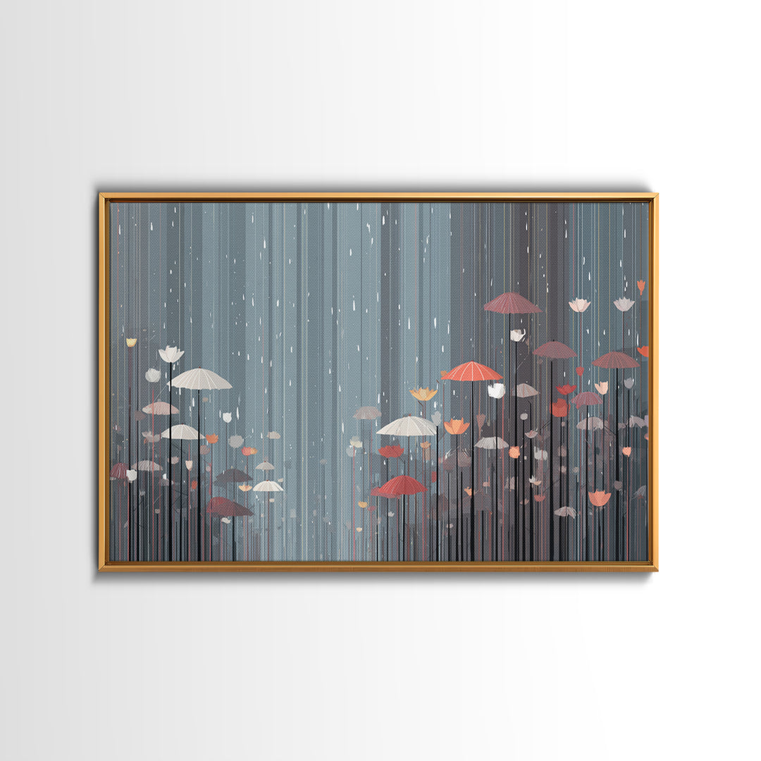 Soft Gray Floral Umbrella Rain Wall Art, Moody Botanical Storm Scene, Modern Home Decor, Bedroom Framed Canvas Print Poster