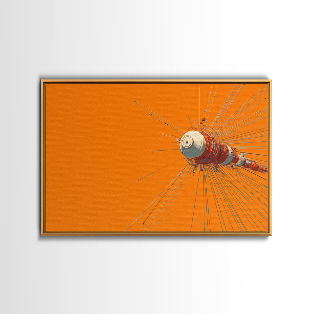 Orange Retro Space Satellite Canvas Print, Sputnik Inspired Antenna Wall Art, Modern Sci Fi Poster, Midcentury Decor Gift