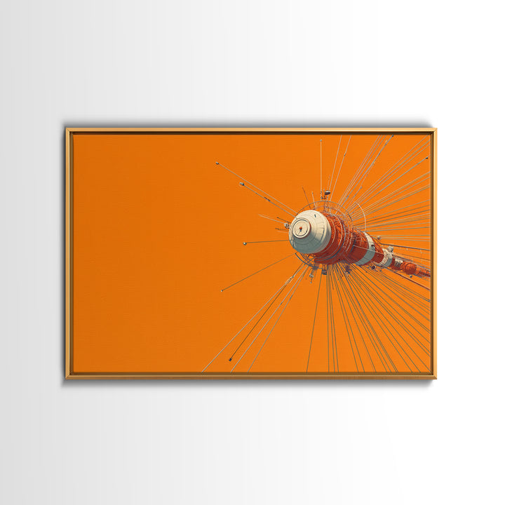 Orange Retro Space Satellite Canvas Print, Sputnik Inspired Antenna Wall Art, Modern Sci Fi Poster, Midcentury Decor Gift