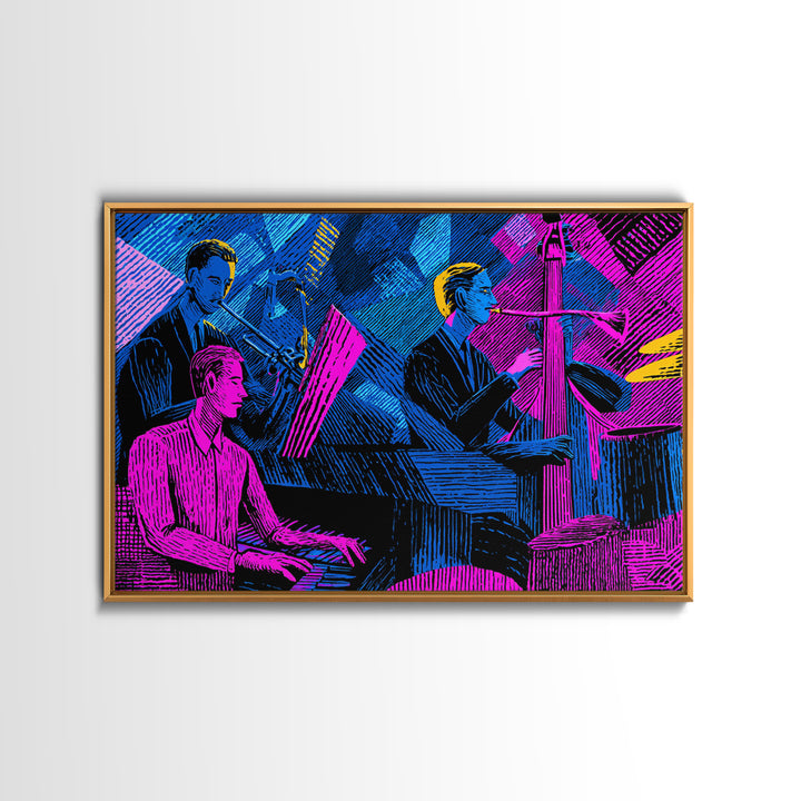 Electric Blue Magenta Jazz Club Trio Wall Art, Midcentury Modern Art Print, Neon Retro Piano Bass Music Room Decor, Poster