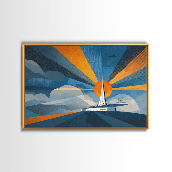 Midcentury Sailboat Sunset Wall Art, Blue Orange Ocean Rays, Retro Travel Poster, Modern Coastal Home Decor Canvas Print