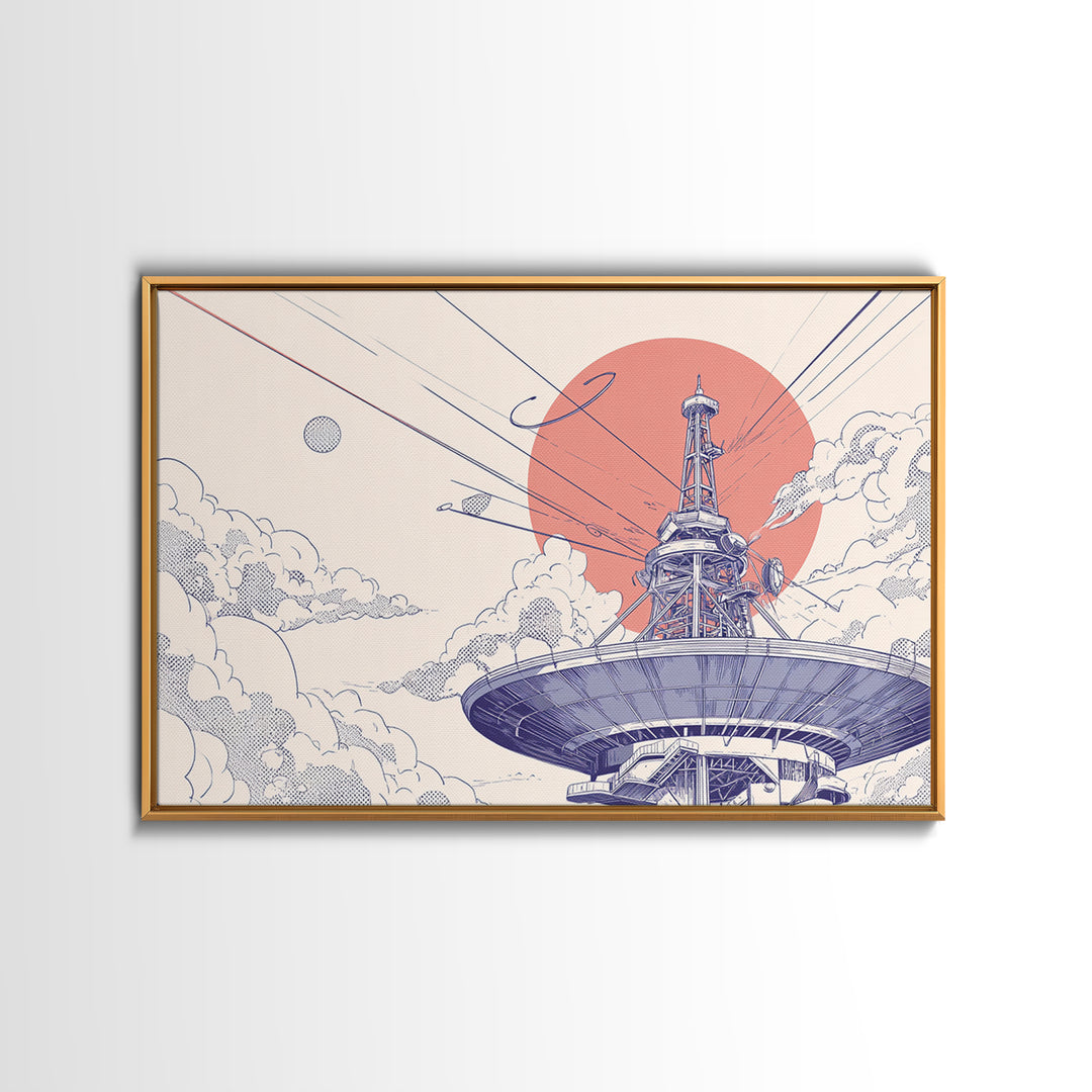 Retro Satellite Dish Under Coral Sun Wall Art, Mid Century Modern Space Poster, Sci Fi Architectural Print, Office Wall Decor
