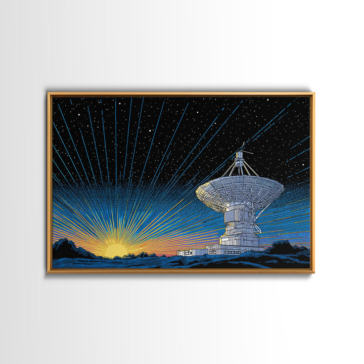 Starry Radio Telescope Sunrise Canvas Print, Mid Century Modern Wall Art, Retro Space Poster, Astronomy Home Office Decor