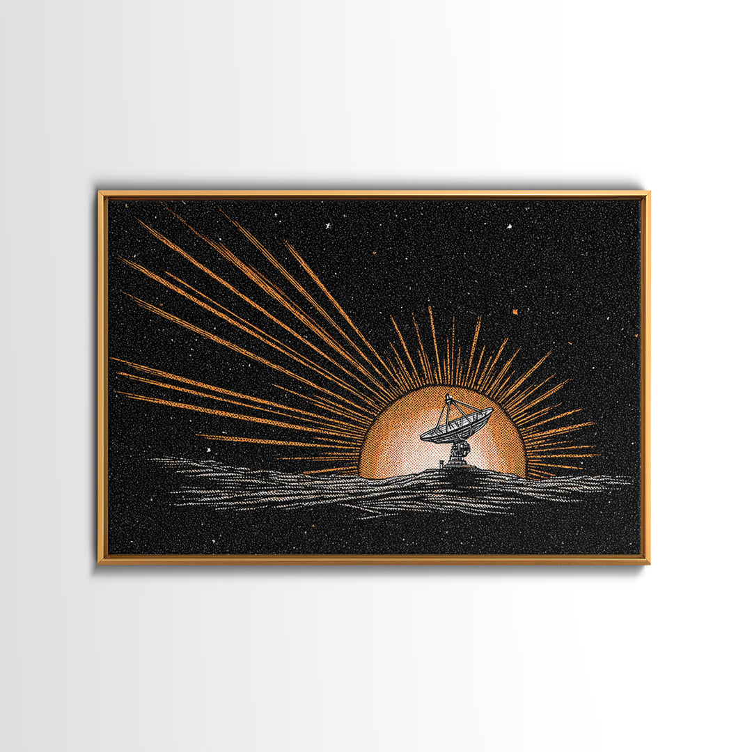 Tiny Satellite Dish On Orange Planet Wall Art, Retro Sci Fi Space Poster, Mid Century Modern Abstract Art Print, Man Cave Decor