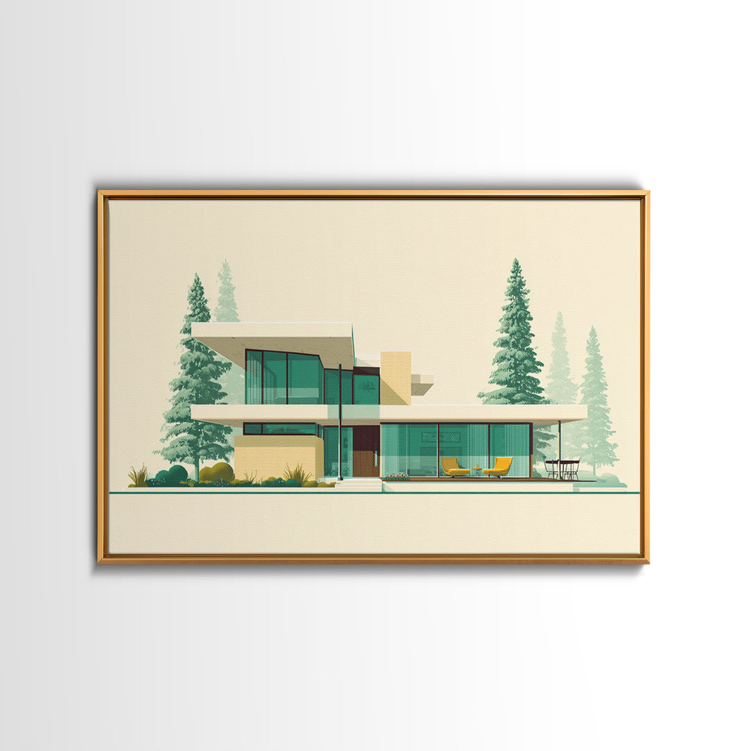 Minimal Glass House With Pines Framed Canvas Print, Mid Century Modern Architecture Wall Art, Scandinavian Modern Home Decor