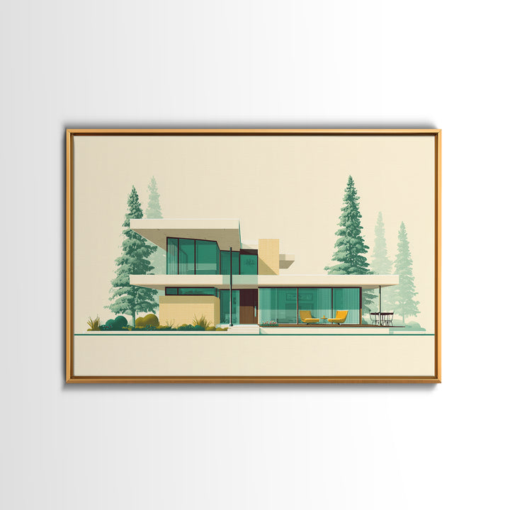 Minimal Glass House With Pines Framed Canvas Print, Mid Century Modern Architecture Wall Art, Scandinavian Modern Home Decor