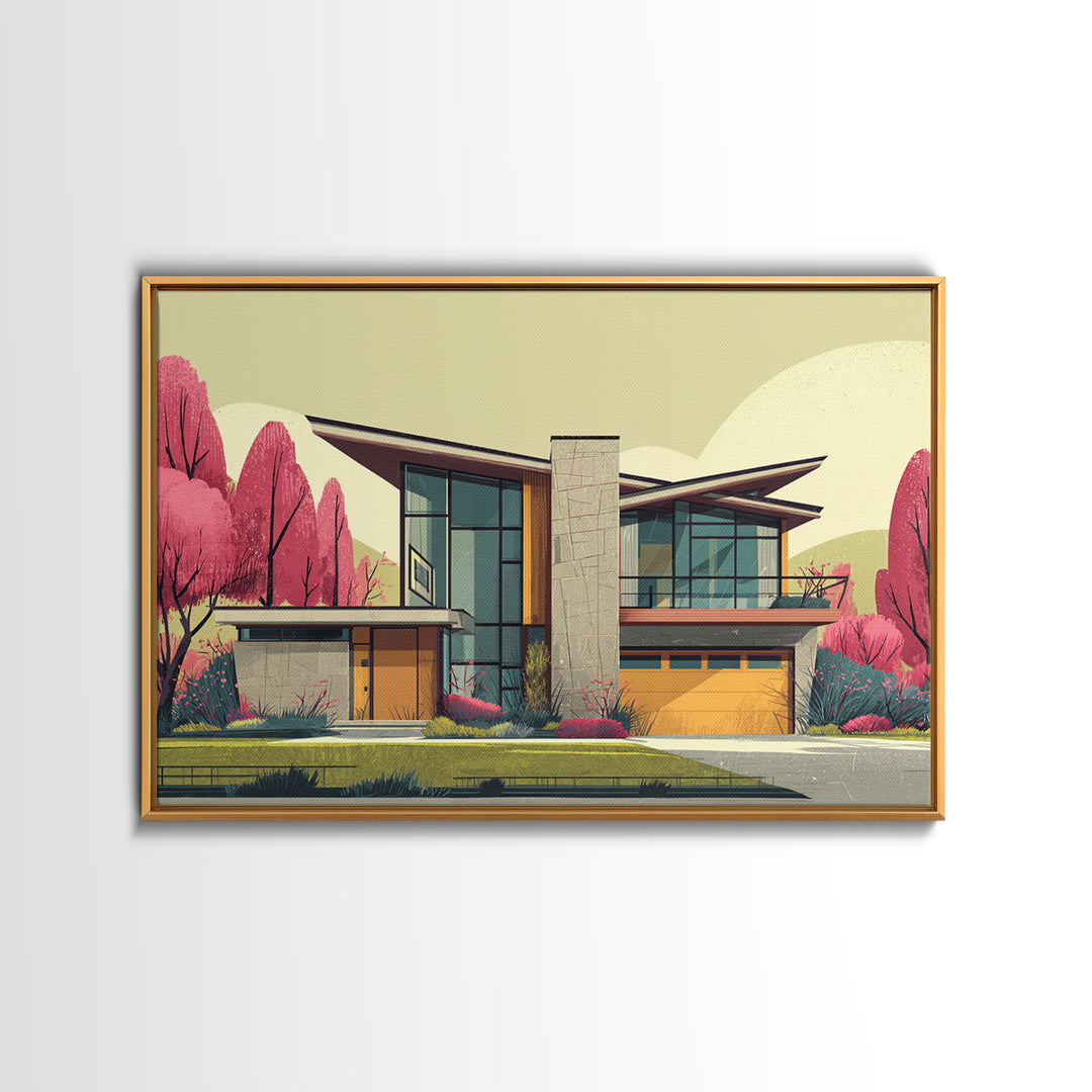 Angular Modern Home With Pink Trees Wall Art, Mid Century Modern Architecture Print, Colorful Retro Home Decor, MCM Poster