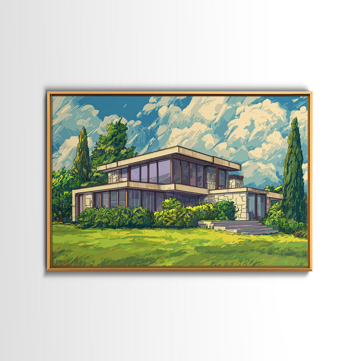 Sunlit Glass Villa And Cypress Garden Canvas Print, Mid Century Modern Wall Art, Architectural Landscape Poster, Living Room Decor