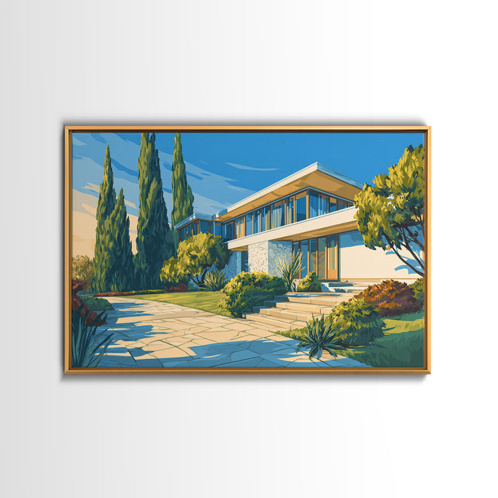 Blue Sky Modernist Villa With Cypress Framed Canvas Print, Mid Century Modern Wall Art, Palm Springs Style Home Decor Poster