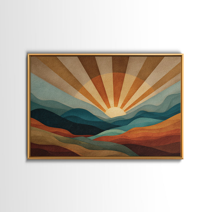 Layered Mountain Sunrise In Teal And Rust Canvas Print, Mid Century Modern Abstract Wall Art, Retro Boho Living Room Decor