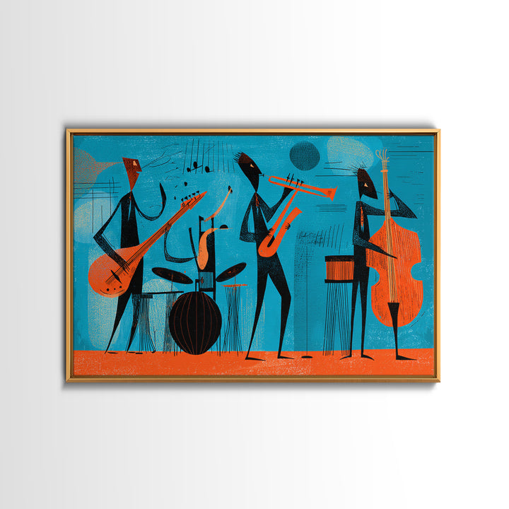Teal Orange Midcentury Jazz Band With Drums And Bass Canvas Print, Atomic Modern Wall Art, Retro Music Room Decor, Poster