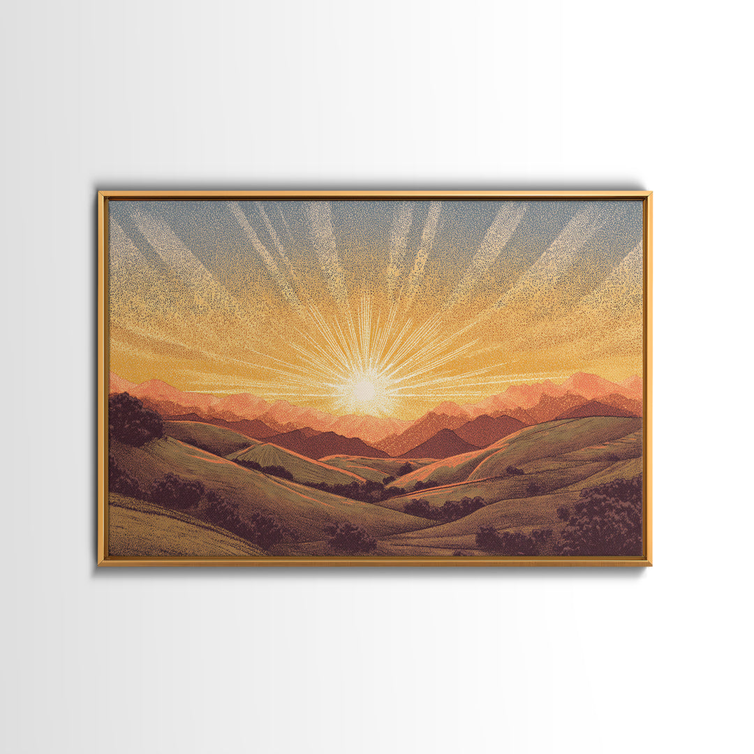 Golden Sunrise Over Rolling Hills Wall Art, Scenic Landscape Poster, Mid Century Modern Nature Art, Warm Bedroom Decor Print