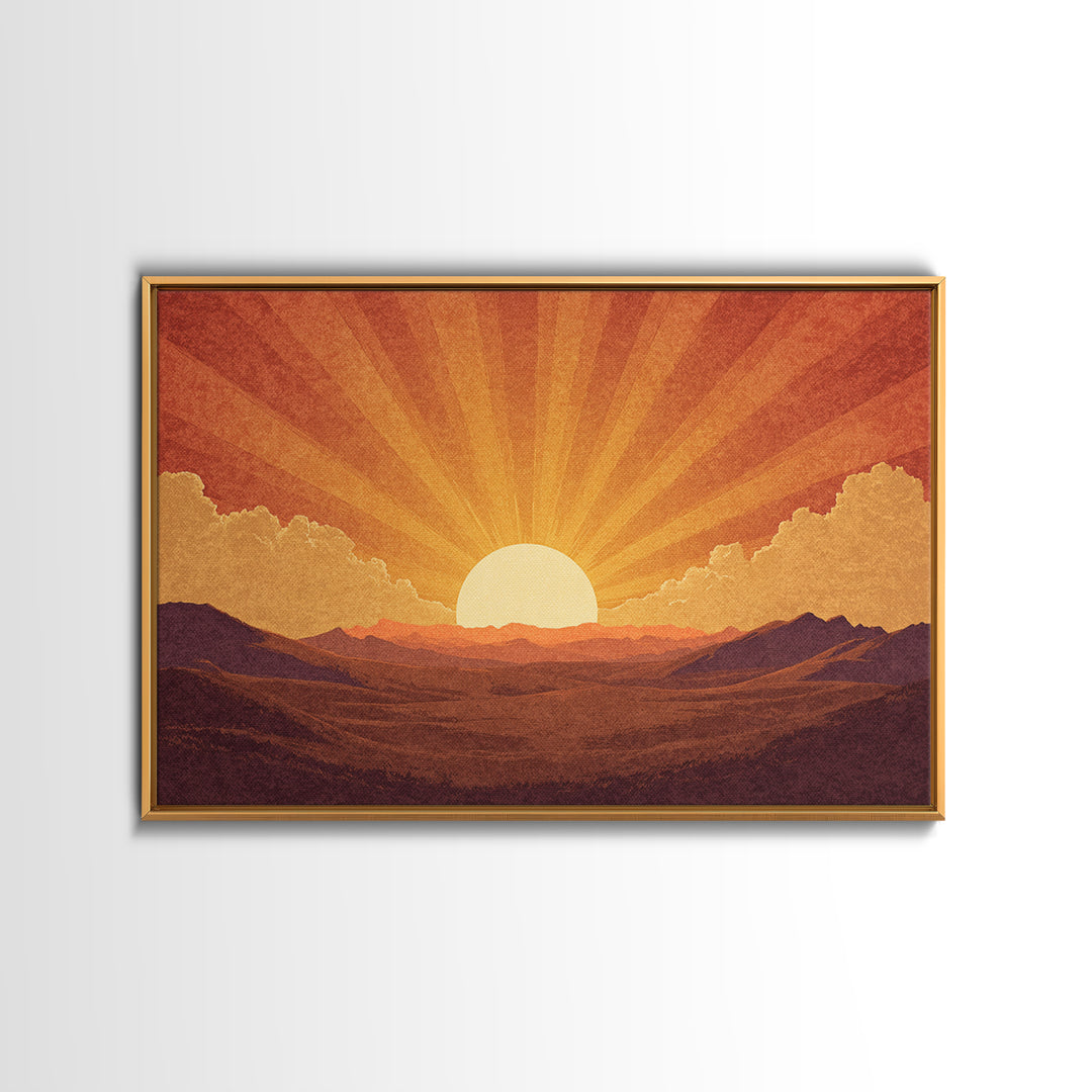 Orange Desert Sunrise Wall Art, Retro Sunburst Landscape Print, Mid Century Modern Decor, Warm Southwestern Living Room Art