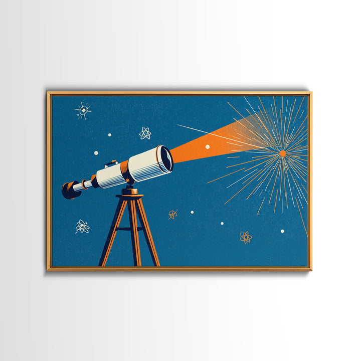 Mid Century Telescope Beam Wall Art, Atomic Space Illustration, Blue Orange Retro Poster For Modern Science Room Home Decor
