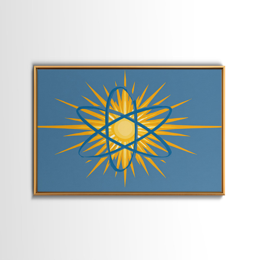 Blue Atom Sunburst Wall Art, Mid Century Modern Science Print, Atomic Geometric Poster For Office And Kids Room Home Decor