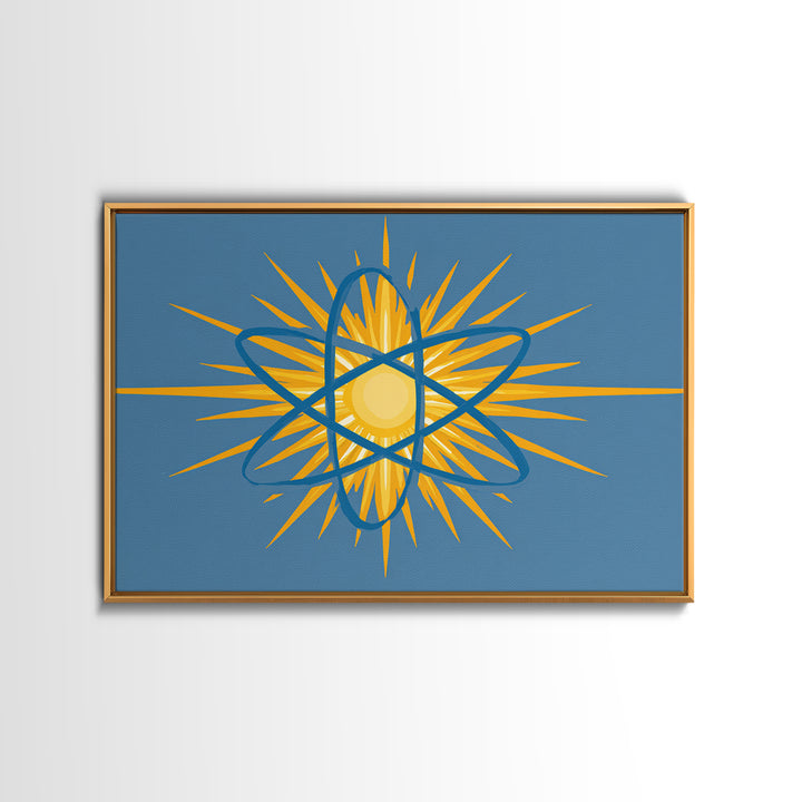 Blue Atom Sunburst Wall Art, Mid Century Modern Science Print, Atomic Geometric Poster For Office And Kids Room Home Decor
