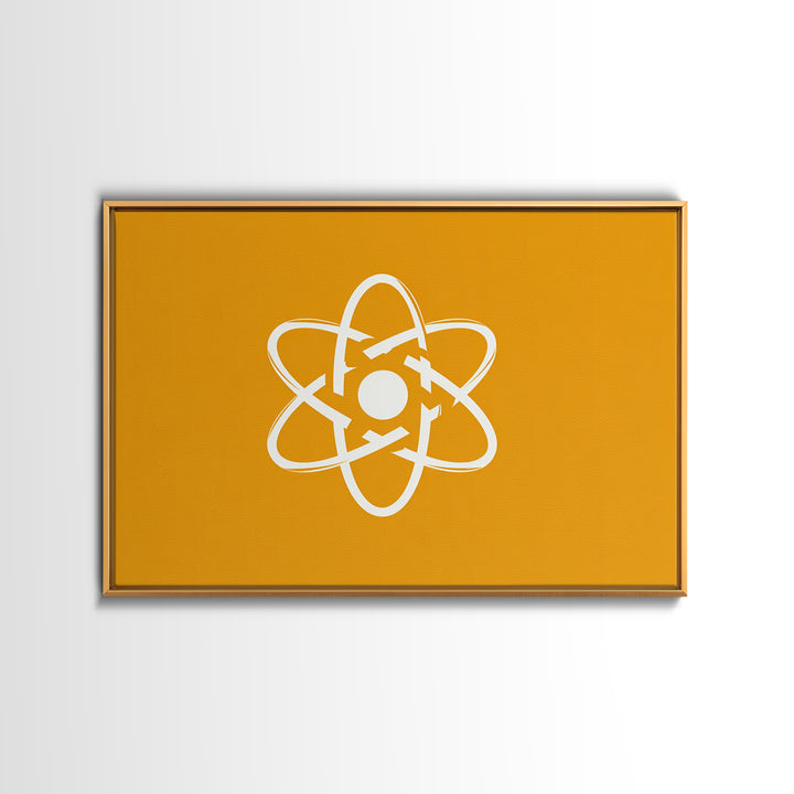 White Atom Symbol Canvas Print, Minimal Orange Science Poster, Mid Century Modern Wall Art For Office And Classroom Decor