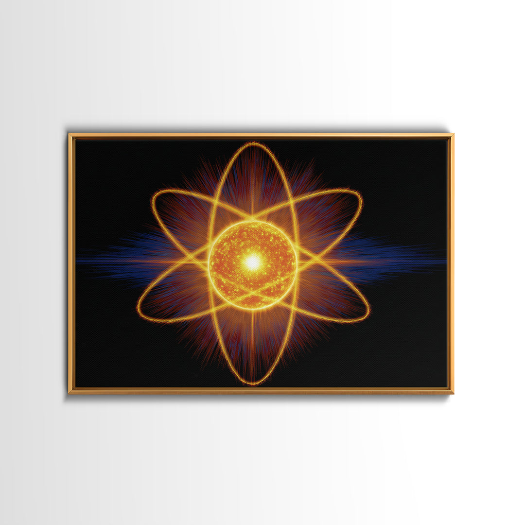 Glowing Atom Energy Wall Art, Black Space Science Print, Atomic Mid Century Modern Poster For Office And Man Cave Home Decor