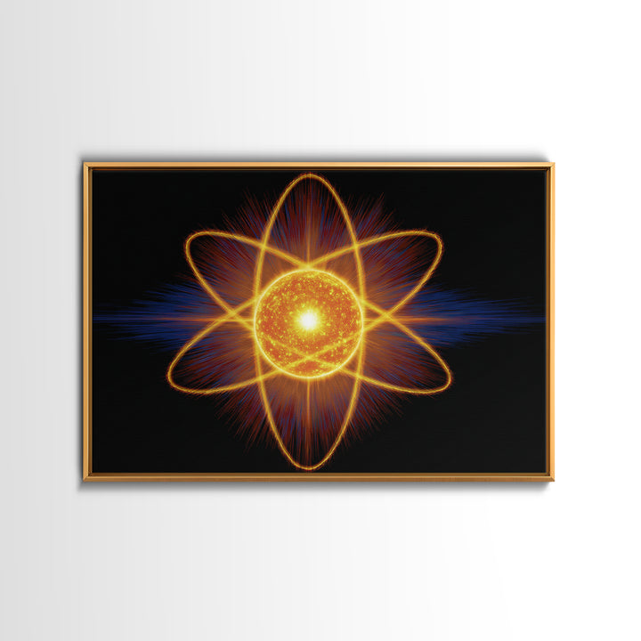 Glowing Atom Energy Wall Art, Black Space Science Print, Atomic Mid Century Modern Poster For Office And Man Cave Home Decor