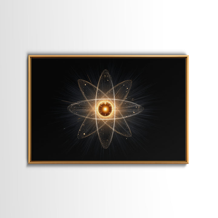 Glowing Atomic Starburst Orbit Wall Art, Midcentury Modern Science Poster, Black Gold Abstract Art Print, Retro Space Decor