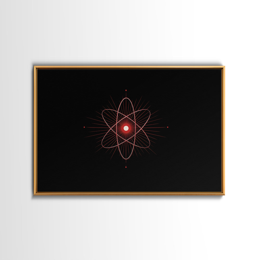 Red Atomic Orbit Canvas Print, Minimal Midcentury Science Poster, Black Space Wall Decor, Geometric Modern Abstract Art Print