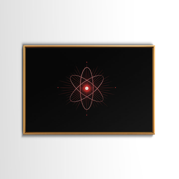 Red Atomic Orbit Canvas Print, Minimal Midcentury Science Poster, Black Space Wall Decor, Geometric Modern Abstract Art Print