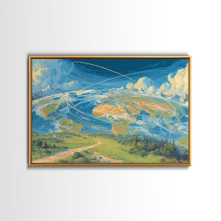 Painterly Earth Orbit Wall Art, Scenic World Landscape Poster, Blue Sky Modern Art Print, Travel Inspired Home Office Decor