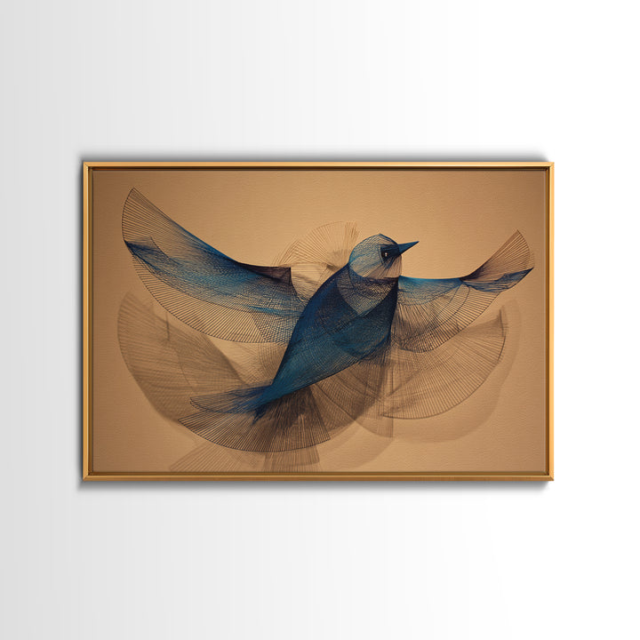 Blue Wire Bird Wall Art, Kinetic Sculpture Inspired Print, Midcentury Modern Abstract Animal Art, Minimalist Tan Home Decor