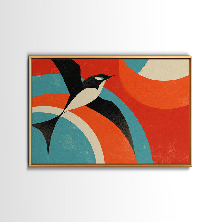 Modern Penguin Bird With Red Sun Canvas Print, Mid Century Modern Wall Decor, Retro Geometric Poster, Colorful Nursery Art