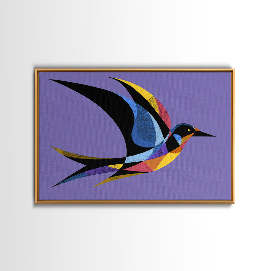 Colorful Swallow Bird On Purple Framed Canvas Print, Mid Century Modern Wall Art, Retro Atomic Decor, Geometric Art Print