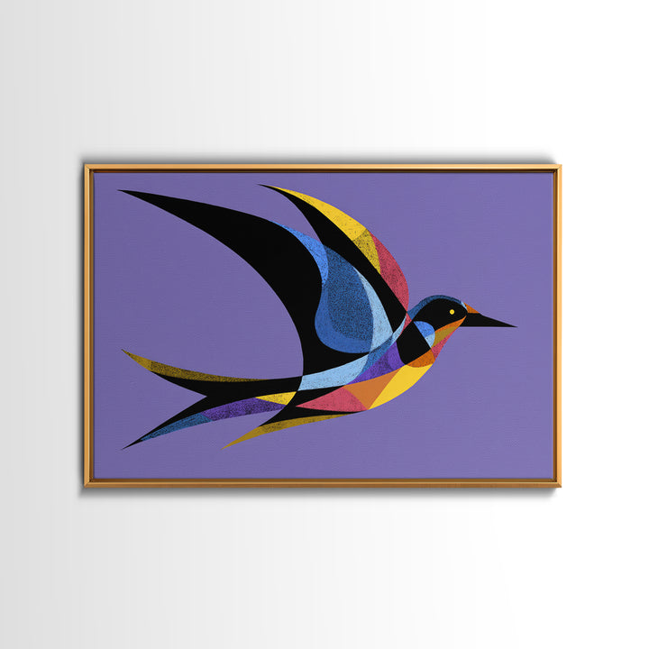 Colorful Swallow Bird On Purple Framed Canvas Print, Mid Century Modern Wall Art, Retro Atomic Decor, Geometric Art Print