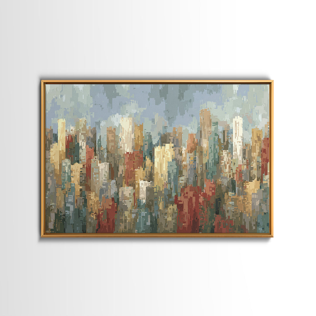 Rainy Impressionist City Skyline Framed Canvas Print, Modern Wall Art, Urban Landscape Decor, Office Poster, Soft Abstract Art