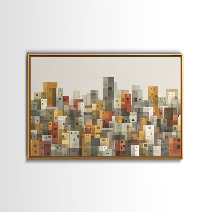 Whimsical Cubist City Blocks Canvas Print, Mid Century Modern Wall Art, Geometric Buildings Decor, Kids Room Cityscape Poster