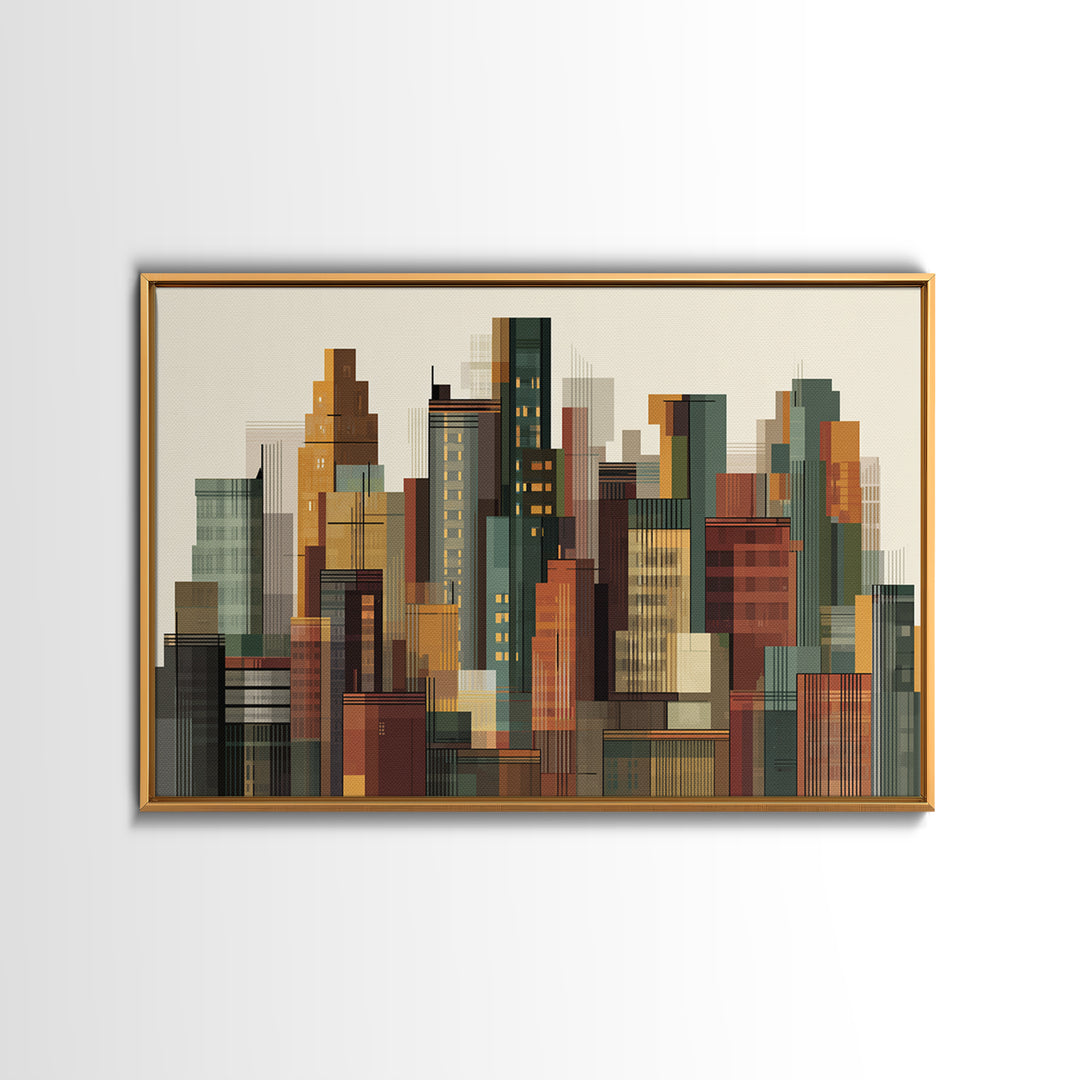 Architectural City Skyline Wall Art, Mid Century Modern Urban Decor, Geometric Building Print, MCM Office Poster, Warm Neutral